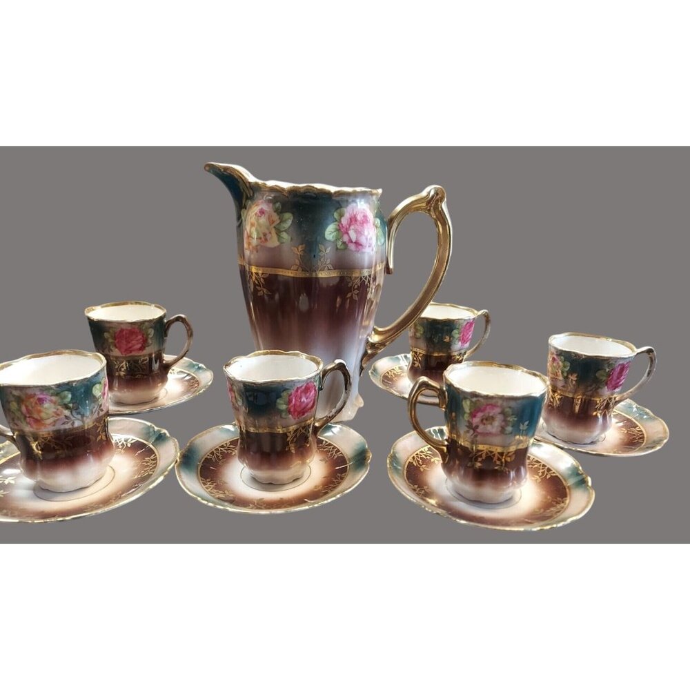 Antique Bavarian Porcelain Pitcher & 6 Cup/Saucer Set With Handpainted R02 B
